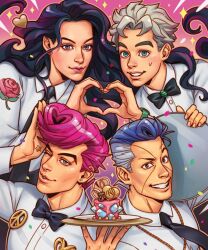  1girl 3boys akira_atsushi black_bow black_bowtie black_hair black_necktie blue_hair bow bowtie commentary cum cum_on_body diamond_wa_kudakenai earrings english_commentary facial floral_print grey_hair grin heart heart_hands heart_hands_duo hetero higashikata_josuke hirose_koichi holding holding_tray jewelry jojo_no_kimyou_na_bouken love_deluxe multicolored_hair multiple_boys necktie nijimura_okuyasu one_eye_closed peace_symbol pink_background pink_hair pompadour prehensile_hair rose_print smile sparkle stand_(jojo) stud_earrings sweatdrop traditional_bowtie tray two-tone_hair waitress water yamagishi_yukako 