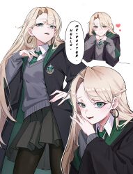  1girl absurdres blonde_hair blush breasts commentary diagonal-striped_clothes diagonal-striped_necktie earrings fingernails genderswap genderswap_(mtf) glint green_eyes green_necktie grey_sweater harry_potter_(series) head_rest heart highres hogwarts_school_uniform hoop_earrings jewelry long_hair long_sleeves looking_at_viewer m0r1t4_0994 malfoid multiple_views necktie ojou-sama_pose pantyhose pleated_skirt robe school_uniform shirt simple_background skirt solo speech_bubble striped_clothes striped_necktie sweater vertical_text white_shirt wide_sleeves wizarding_world 