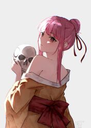  1girl absurdres alternate_costume blush highres holding hololive hololive_english looking_at_viewer mori_calliope neokishi open_mouth simple_background skull solo virtual_youtuber 