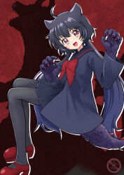  1girl :d absurdres ahoge akaishi_kuroe black_hair black_jacket black_pantyhose black_sailor_collar black_serafuku black_shirt black_skirt bow bowtie claws commentary double-parted_bangs drop_shadow dual_persona full_body hair_between_eyes hair_horns hands_up harugon head_tilt heart heart_in_eye highres invisible_chair jacket kaiju long_hair long_sleeves looking_at_viewer mary_janes monster monster_girl monster_hands nao_suke open_mouth otome_kaijuu_carameliser pantyhose pink_claws red_background red_bow red_bowtie red_shoes sailor_collar sailor_shirt school_uniform serafuku shirt shoes silhouette sitting skirt smile solo symbol_in_eye twintails very_long_hair violet_eyes watermark 