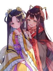  2girls absurdres bead_necklace beads black_hair blush body_switch brown_hair chinese_clothes collarbone commentary_request futsutsuka_na_akujo_de_wa_gozaimasu_ga highres jewelry kou_reirin long_hair long_sleeves looking_at_another multiple_girls necklace official_alternate_eye_color open_mouth personality_switch red_eyes ririka319946371 shu_keigetsu smile sweat wide_sleeves yellow_eyes 