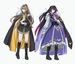  2girls absurdres aiguillette alternate_costume alternate_hairstyle black_boots black_cape black_hair black_jacket black_pantyhose black_ribbon black_sash blue_eyes blunt_bangs blush boots bow bowtie bright_pupils brown_hair buttons cape clenched_hands closed_mouth collared_shirt columbina_(genshin_impact) crescent crescent_print dress frilled_dress frilled_sleeves frills full_body fur-trimmed_boots fur-trimmed_cape fur_trim gem genshin_impact gloves gradient_hair hair_bow hair_ornament hand_up hands_up high_ponytail highres jacket juliet_sleeves lapels long_dress long_hair long_sleeves looking_at_viewer multicolored_hair multiple_girls natsuki_(2917) necktie notched_lapels pants pantyhose pinafore_dress ponytail puffy_long_sleeves puffy_sleeves purple_bow purple_bowtie purple_cape purple_dress purple_hair red_gem ribbon sandrone_(genshin_impact) sash shirt sidelocks sleeveless sleeveless_dress standing two-sided_cape two-sided_fabric two-tone_hair very_long_hair violet_eyes white_bow white_gloves white_pants white_pupils white_shirt wide_sleeves x_hair_ornament yellow_cape yellow_necktie 