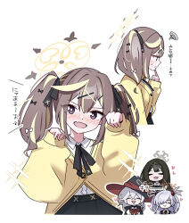  4girls :d black_hat blue_archive braid brown_hair commentary_request eri_(blue_archive) fang grey_hair halo hat heart kanoe_(blue_archive) long_hair long_sleeves looking_at_viewer multiple_girls occult_studies_club_(blue_archive) open_mouth paw_pose racoon5 rena_(blue_archive) simple_background skin_fang smile translation_request tsumugi_(blue_archive) twintails two_side_up violet_eyes white_background witch_hat 