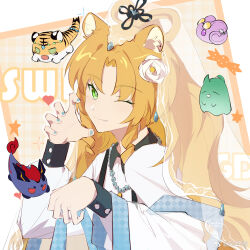  1girl absurdres animal_ear_fluff animal_ears animalization arknights bead_necklace beads blonde_hair blue_nails ch'en_(arknights) character_name chinese_clothes chinese_commentary claw_pose closed_mouth commentary_request dragon_bean_(arknights) fang feng_shou_xue flower green_eyes hair_flower hair_ornament highres hoshiguma_(arknights) jewelry lin_(arknights) long_hair looking_at_viewer mouse_(animal) nail_polish necklace official_alternate_costume one_eye_closed person_and_animalization see-through_clothes see-through_veil smile solo swire_(arknights) swire_the_elegant_wit_(a_prosperous_visage)_(arknights) swire_the_elegant_wit_(arknights) tiger_ears tiger_girl upper_body veil white_flower white_veil 