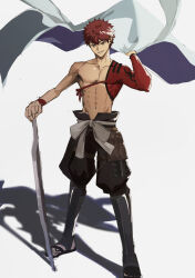  1boy abs absurdres cape emiya_shirou fate/grand_order fate_(series) highres holding holding_sword holding_unworn_cape holding_unworn_clothes holding_weapon kinotake male_focus orange_hair red_hair senji_muramasa_(fate) single_bare_shoulder solo sword toned toned_male unworn_cape weapon white_cape 