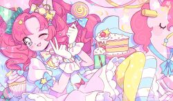  1990s_(style) 1girl animal_ears animification aqua_eyes asymmetrical_legwear cake candy cherry colored_skin commentary confetti cupcake english_commentary food fruit gloves hat holding holding_candy holding_food holding_lollipop horse_ears lollipop milkshake mismatched_legwear mismatched_thighhighs my_little_pony my_little_pony:_equestria_girls my_little_pony:_friendship_is_magic one_eye_closed party_hat pink_background pink_hair pink_skin pink_skirt pink_theme pinkie_pie pinkie_pie_(equestria_girls) retro_artstyle rocking_horse secretstarlevel skirt star_(symbol) swirl_lollipop thigh-highs wavy_hair white_gloves 