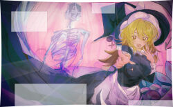  1girl absurdres apron black_hat black_shirt black_skirt blonde_hair bow braid breasts commentary dated_commentary hair_bow hat hat_bow highres kirisame_marisa large_breasts long_hair open_mouth shirt side_braid single_braid skeleton skirt smile solo storrrrre_(store4576) touhou waist_apron white_apron white_bow white_nails witch_hat yellow_eyes 
