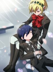  1boy 1girl aigis_(persona) black_jacket black_pants black_skirt blonde_hair blue_hair blush bow bowtie canon_event closed_eyes closed_mouth collared_shirt commentary_request digital_walkman gekkoukan_high_school_uniform hairband hand_on_another's_chest hand_on_another's_head headphones headphones_around_neck highres jacket lap_pillow long_sleeves lying mp3_player on_back pants persona persona_3 red_bow red_bowtie school_uniform seisorrna shirt shoes short_hair sitting skirt smile spoilers walkman_nw-s203f white_shirt yuuki_makoto_(persona_3) 