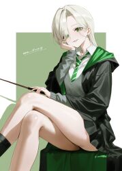  1girl absurdres black_cloak black_skirt black_socks blonde_hair breasts cardigan cloak collared_shirt commentary_request crossed_legs curtained_hair diagonal-striped_clothes diagonal-striped_necktie enu_illustip feet_out_of_frame genderswap genderswap_(mtf) green_eyes green_necktie grey_cardigan hair_over_one_eye harry_potter_(series) head_on_hand head_rest highres hogwarts_school_uniform holding holding_wand long_sleeves looking_at_viewer malfoid medium_hair miniskirt necktie parted_lips pleated_skirt school_uniform shirt side_part signature sitting skirt smile socks solo striped_clothes striped_necktie thighs two-sided_cloak two-sided_fabric wand white_shirt wizarding_world 