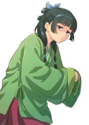  1girl blue_eyes blunt_bangs blush bow chinese_clothes commentary_request green_hair hair_bow hair_ribbon highres hutarikiri2025 kusuriya_no_hitorigoto long_hair long_sleeves looking_at_viewer maomao_(kusuriya_no_hitorigoto) ribbon simple_background solo teeth twintails white_background 
