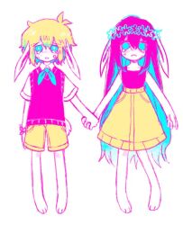  1boy 1girl alternate_costume alternate_eye_color alternate_hair_color alternate_universe animal_ears antenna_hair aubrey_(headspace)_(omori) aubrey_(omori) bad_id bad_twitter_id barefoot basil_(headspace)_(omori) basil_(omori) blonde_hair blue_eyes blue_hair blue_neckerchief bright_pupils closed_mouth collared_shirt colored_inner_hair colored_skin commentary crying crying_with_eyes_open double-parted_bangs english_commentary hair_between_eyes holding_hands kemonomimi_mode long_hair long_sidelocks looking_at_viewer multicolored_hair neckerchief omori pink_hair pink_sweater_vest rabbit_ears rabbit_girl shirt short_hair short_sleeves shorts sidelocks simple_background skirt sweater_vest tears two-tone_hair very_long_hair white_background white_pupils white_shirt white_skin yellow_shorts yellow_skirt yuilu_(yuiluqqq) 