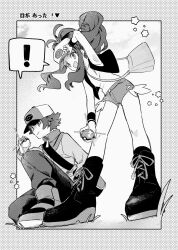  1boy 1girl baseball_cap commentary_request cutoffs denim denim_shorts exposed_pocket hat high_ponytail highres hilbert_(pokemon) hilda_(pokemon) holding holding_poke_ball monochrome open_clothes open_vest poke_ball poke_ball_print pokemon pokemon_black_and_white ponytail shorts sr_0 vest wristband xtransceiver 