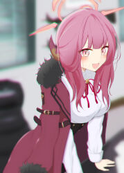  1girl absurdres aru_(blue_archive) black_skirt blue_archive coat coat_on_shoulders collared_shirt commentary_request demon_girl demon_horns fur-trimmed_coat fur_trim halo high-waist_skirt highres horns open_mouth orange_halo pink_eyes rakio_deeeesu red_coat shirt skirt solo white_shirt 