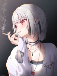  1girl absurdres asumi_sena asumi_sena_(5th_costume) between_fingers black_choker black_streaks cardigan choker cigarette closed_mouth collarbone commentary ear_piercing english_commentary grey_background grey_cardigan heart heart_necklace highres holding holding_cigarette jewelry long_sleeves looking_to_the_side multicolored_hair multiple_necklaces necklace piercing pink_eyes safety_pin satera_23 short_hair single_off_shoulder solo streaked_hair upper_body virtual_youtuber vspo! white_hair 