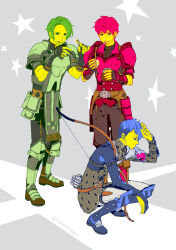  3boys armor azusa_(12eeeeco) bow_(weapon) chest_guard commentary_request drinking fingerless_gloves fire_emblem fire_emblem_echoes:_shadows_of_valentia forsyth_(fire_emblem) gloves grey_background highres holding holding_jar honey honey_dipper jar licking_lips looking_down lukas_(fire_emblem) male_focus multicolored_hair multiple_boys pauldrons python_(fire_emblem) shoulder_armor single_pauldron smile squatting star_(symbol) tongue tongue_out utensil_in_mouth weapon 