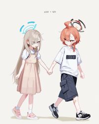  2girls absurdres aged_down ahoge anyak05 asuna_(blue_archive) bandaid bandaid_on_face bandaid_on_leg black_halo black_shoes blonde_hair blue_archive blue_eyes blue_halo blue_nails blush braid cargo_shorts character_name clothes_writing commentary_request crying crying_with_eyes_open cuts dress hair_over_one_eye halo highres holding_hands huge_ahoge injury layered_dress long_hair looking_at_another mole mole_under_each_eye mole_under_eye multiple_girls multiple_moles neru_(blue_archive) open_mouth orange_hair pink_shoes red_eyes scraped_knee shadow shirt shoes shorts single_braid socks streaming_tears tears walking white_background white_shirt white_socks 