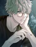  1boy black_shirt cigarette glasses grey_background grey_eyes hair_between_eyes hand_on_own_cheek hand_on_own_face hand_up highres holding holding_cigarette looking_at_viewer male_focus original shiraho_(m_shiraho) shirt short_hair smoking solo tobacco 