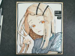  1girl absurdres blonde_hair blue_nails commentary_request gakuen_idolmaster highres idolmaster jewelry long_hair looking_at_viewer marker_(medium) multiple_rings open_mouth orange_eyes photo_(medium) ring saltyacurry shikishi shinosawa_hiro shirt smile solo traditional_media v 