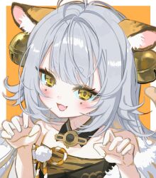  1girl absurdres ahoge animal_ear_fluff animal_ears bare_shoulders bell blush claw_pose cogane_rang cogane_rang_(1st_costume) commentary_request fang grey_hair hair_bell hair_ornament highres korean_commentary ksup long_hair looking_at_viewer mole mole_under_each_eye mole_under_eye multiple_moles open_mouth skin_fang solo stellive tail tiger_ears tiger_girl tiger_tail upper_body yellow_eyes 