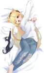  1girl absurdres animal animal_ears arm_up bangs barefoot bed_sheet black_cat blonde_hair blue_pants breasts cat cat_ears cat_girl cat_tail eyebrows_hidden_by_hair highres jingburger long_hair long_sleeves one_eye_closed open_mouth pants paw_pose red_eyes shirt small_breasts solo tail torn_clothes torn_pants very_long_hair virtual_youtuber waktaverse wavy_mouth white_shirt ziro_(zirorong) 