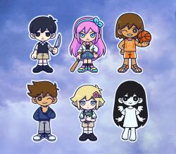  2girls 4boys aqua_shoes aubrey_(faraway)_(omori) aubrey_(omori) ball barefoot baseball_bat basil_(faraway)_(omori) basil_(omori) basketball_(object) bazukat_art black_bra black_hair black_shirt black_shoes black_socks blonde_hair blue_eyes blue_hairband blue_shoes blue_shorts blue_sky blue_sweater bra brown_hair chibi closed_mouth clouds colored_skin commentary dark_skin english_commentary everyone expressionless flower frown grey_outline grey_pants grin hair_flower hair_ornament hairband hand_on_own_hip highres holding holding_ball holding_baseball_bat holding_knife jacket kel_(faraway)_(omori) kel_(omori) knife long_hair mari_(faraway)_(omori) mari_(omori) multicolored_shoes multiple_boys multiple_girls omori one_eye_closed orange_shirt orange_shoes orange_shorts outline pants photo_background pink_hair sailor_collar shirt shoes short_hair shorts sky smile socks sportswear sunny_(omori) sweater teeth two-tone_shoes two-tone_shorts underwear very_short_hair white_jacket white_outline white_shirt white_skin white_socks white_wings wings yellow_sailor_collar yellow_shorts 