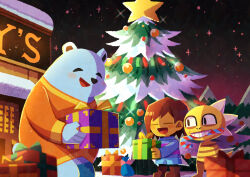  3others absurdres androgynous black_eyes blue_shorts blue_sweater blush boots brown_boots brown_hair candy candy_cane christmas_lights christmas_ornaments christmas_tree closed_eyes colored_skin commentary_request food frisk_(undertale) furry gift gift_bear highres holding holding_gift long_sleeves monster_kid_(undertale) mouth_hold multiple_others short_hair shorts smile snow standing sweater teeth undertale upper_teeth_only utdr_(toby_fox) watawata22 yellow_skin 