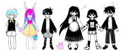  2girls 4boys alternate_color alternate_costume alternate_universe animal_ears antenna_hair aubrey_(headspace)_(omori) aubrey_(omori) bad_id bad_twitter_id barefoot basil_(headspace)_(omori) basil_(omori) blue_eyes blue_hair blush brother_and_sister brothers cardigan closed_mouth coat collared_shirt colored_inner_hair colored_skin commentary crying crying_with_eyes_open double-parted_bangs english_commentary expressionless flower flower_wreath forest_bunny_(omori) greyscale hair_behind_ear hair_between_eyes head_wreath hero_(headspace)_(omori) hero_(omori) highres holding_hands kel_(headspace)_(omori) kel_(omori) kemonomimi_mode long_hair long_sidelocks long_sleeves looking_at_viewer mari_(headspace)_(omori) mari_(omori) monochrome multicolored_hair multiple_boys multiple_girls neckerchief omori omori_(omori) one_eye_closed open_cardigan open_clothes open_coat open_mouth pants pink_hair rabbit rabbit_ears rabbit_girl ribbed_sweater shirt shoes short_sleeves shorts siblings sidelocks simple_background skirt smile socks spot_color striped_clothes striped_pants striped_shorts sweater sweater_vest tears two-tone_hair vertical-striped_clothes vertical-striped_pants vertical-striped_shorts very_long_hair white_skin yellow_neckerchief yellow_skirt yuilu_(yuiluqqq) 