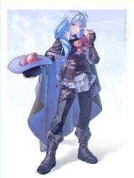  1girl absurdres alternate_costume black_cape black_gloves black_pants blue_cape blue_hair boots bow bowtie brown_boots cape chinese_commentary closed_mouth collared_shirt commentary_request fingerless_gloves fold-over_boots food fruit full_body gloves hat highres hinanawi_tenshi holding holding_unworn_clothes holding_unworn_hat long_hair looking_at_viewer pants peach pink_bow pink_bowtie red_eyes s-tea-m shirt simple_background smile solo touhou two-sided_cape two-sided_fabric unworn_hat unworn_headwear very_long_hair weapon white_background white_shirt 