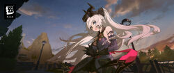  1girl bare_shoulders black_horns blue_dress blue_eyes copyright_logo copyright_name crossed_bangs detached_sleeves dress english_text grey_hair hair_between_eyes heterochromia highres horns lindverne_sunbringer logo long_hair mechanical_horns official_art official_wallpaper open_mouth outdoors smile solo teeth upper_teeth_only very_long_hair yellow_eyes zenless_zone_zero 