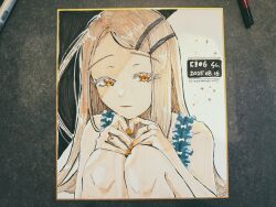  1girl absurdres blonde_hair commentary_request dress expressionless gakuen_idolmaster highres idolmaster long_hair looking_at_viewer marker_(medium) orange_eyes orange_nails photo_(medium) saltyacurry shikishi shinosawa_hiro solo squatting traditional_media 