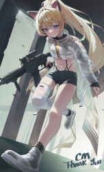  1girl absurdres animal_ears assault_rifle blonde_hair blue_eyes cat_ears commentary commission cropped_jacket english_text foot_up_heel_up gun hair_intakes highres holding holding_gun holding_weapon looking_at_viewer m4_carbine navel original ponytail rifle running shoes shorts single_thighhigh solo stomach thank_you thigh-highs um_111 weapon white_thighhighs 