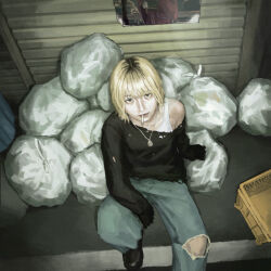  1girl absurdres black_shoes black_sweater blonde_hair blue_pants bra_strap commentary_request foot_out_of_frame highres jewelry knee_up long_sleeves makko_(user_kvud5535) mouth_hold multicolored_hair necklace original pants poster_(object) roots_(hair) shoes short_hair single_bare_shoulder single_off_shoulder sitting sleeves_past_fingers sleeves_past_wrists smoking solo sweater torn_clothes torn_pants torn_sweater trash_bag 