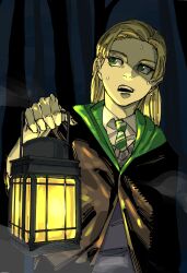  1girl absurdres akutami_gege_(style) black_cloak blonde_hair cloak eyelashes fog forest green_eyes green_necktie harry_potter_(series) highres holding holding_lantern lantern long_hair malfoid nature necktie night open_mouth outdoors slytherin solo sweat teeth upper_body upper_teeth_only vroom622226 wizarding_world 