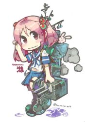  1girl blue_neckerchief blue_sailor_collar blue_skirt blush character_name commentary_request deformed hair_bobbles hair_ornament kantai_collection konno_takashi looking_at_viewer neckerchief pink_eyes pink_hair pleated_skirt rabbit rigging sailor_collar sazanami_(kancolle) school_uniform serafuku short_sleeves short_twintails simple_background skirt smoke solo thigh_strap twintails twitter_username white_background 