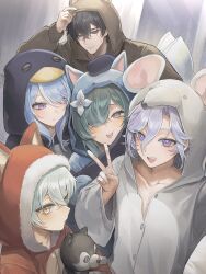  2girls 3boys adjusting_hood alternate_costume alyosha_(genshin_impact) animal_ear_hood animal_hood arm_up bear_hood black_hair blue_hair blue_pupils bright_pupils character_doll closed_mouth collarbone crossed_bangs curtained_hair doll flower fur-trimmed_hood fur_trim genshin_impact green_hair hair_between_eyes hair_flower hair_ornament hair_over_one_eye hand_on_another's_head hand_up highres holding holding_stuffed_toy hood hood_up jeieyeart long_sleeves looking_at_another looking_at_viewer medium_hair mitya_(genshin_impact) mouse_hood multiple_boys multiple_girls odette_(genshin_impact) onesie open_mouth parted_bangs partially_unbuttoned penguin_hood purple_hair short_hair smile stuffed_animal stuffed_toy sweatdrop teeth tugarin_(genshin_impact) upper_teeth_only v valeriy_(genshin_impact) violet_eyes vodyanitsa_(genshin_impact) white_flower white_pupils yellow_eyes 