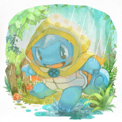  bright_pupils brown_eyes clothed_pokemon fence full_body grass highres mushroom no_humans open_mouth outdoors picket_fence pokemon pokemon_(creature) puddle rain rain_poncho solo squirtle white_pupils wooden_fence yonayon 