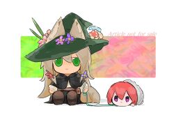  2girls animal_ears belt_bag black_cape brown_hair cape character_doll closed_mouth commentary_request degrees_of_lewdity doll double-parted_bangs dress flower fox_ears fox_girl fox_tail full_body fumo_(doll) green_eyes green_hat gwylan_(degrees_of_lewdity) gwylan_(female)_(degrees_of_lewdity) hair_between_eyes hair_flower hair_ornament hat hat_flower hcvkfmmf highres holding holding_leash invisible_floor jitome leash light_frown long_hair long_sleeves lying multiple_girls mushroom_hat_ornament no_sclera on_stomach player_character_(degrees_of_lewdity) player_character_(female)_(degrees_of_lewdity) red_hair shadow shirt short_hair simple_background sitting smile tail very_long_hair violet_eyes white_background white_dress white_shirt witch_hat 