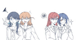  4girls :d ;) ^_^ arm_around_another's_back blue_eyes blue_hair bow bowtie braid cardigan closed_eyes collared_shirt commentary_request hair_ornament hand_on_another's_shoulder hasu_no_sora_school_uniform highres hinoshita_kaho hoshiji kinjo_maika kurumibashi_school_uniform long_hair long_sleeves love_live! love_live!_hasu_no_sora_jogakuin_school_idol_club love_live!_hasu_no_sora_jogakuin_school_idol_club_bloom_garden_party low_twintails medium_hair mole mole_on_neck multiple_girls murano_sayaka neckerchief one_eye_closed open_cardigan open_clothes open_mouth orange_eyes orange_hair partially_colored rabbit_hair_ornament red_hair reisawa_aoi school_uniform shirt short_hair side_braid simple_background smile spoken_squiggle squiggle straight_hair twintails two_side_up v virtual_youtuber white_background winter_uniform 