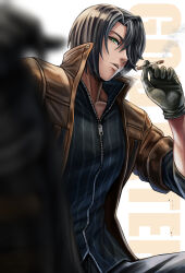  1boy absurdres amamiya_rindou artist_name black_gloves black_hair black_pants blue_shirt blurry blurry_foreground bob_cut brown_jacket cigarette commentary_request copyright_name curtained_hair front_zipper giving gloves god_eater god_eater_burst green_eyes hair_over_one_eye highres holding holding_cigarette holding_thermos inverted_bob jacket leather leather_jacket looking_at_viewer male_focus null_oekaki one_eye_covered open_clothes open_jacket pants parted_bangs partially_unzipped shirt short_hair signature simple_background sleeve_rolled_up smoke smoking solo thermos twitter_username upper_body watermark white_background zipper_pull_tab 
