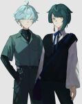  2boys alternate_costume aqua_eyes aqua_hair bangs blue_hair blue_ribbon blush chongyun_(genshin_impact) cyenwl earrings genshin_impact grey_background hand_in_pocket highres jewelry long_sleeves looking_at_viewer male_focus multiple_boys necklace orange_eyes pants ribbon shirt simple_background single_earring tassel tassel_earrings xingqiu_(genshin_impact) 