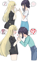  ! !? 2girls 3ka2san absurdres age_progression ahoge aqua_shirt black_hair blonde_hair blue_neckerchief blue_pants blue_skirt blush cho_kaguya-hime! closed_eyes collarbone commentary_request fox_shadow_puppet green_eyes hair_bun heart highres holding_hands kaguya_(cho_kaguya-hime!) kiss kissing_hand leaning_forward long_hair long_sleeves mole mole_under_eye multiple_girls musical_note neckerchief open_mouth pants pleated_skirt red_eyes sailor_collar sakayori_iroha school_uniform shirt short_hair skirt smile spoken_blush spoken_exclamation_mark spoken_heart spoken_musical_note very_long_hair white_background white_sailor_collar white_shirt wide-eyed yuri 