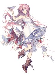  1girl :o armpit_peek bare_legs blue_eyes boots bouquet brown_boots chest_bow chocolatet94 commentary crying crying_with_eyes_open dress flower frilled_boots frilled_dress frills full_body hair_between_eyes high_heel_boots high_heels highres holding holding_bouquet holding_paper_airplane just_be_friends_(vocaloid) long_hair looking_to_the_side medium_dress megurine_luka megurine_luka_(chiffon_dress) official_alternate_costume paper_airplane parted_lips petticoat pink_hair red_flower red_rose rose sidelocks sketch solo standing standing_on_one_leg strapless strapless_dress string string_of_fate tears untranslatable_commentary very_long_hair vocaloid white_background white_dress 