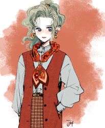  1girl alternate_costume artist_name blonde_hair blue_eyes border commentary_request earrings final_fantasy final_fantasy_vi hand_in_pocket highres jas_(jasjasjasart) jewelry long_hair neckerchief parted_bangs plaid_clothes plaid_skirt ponytail print_neckerchief red_background red_lips red_neckerchief red_vest shirt skirt solo terra_branford upper_body vest wavy_hair white_border white_shirt 