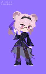  1girl absurdres animal_ears arknights black-framed_eyewear black_jacket blush boots chibi full_body glasses hairband highres jacket jewelry lin_(arknights) looking_at_viewer mouse_ears mouse_girl pink_eyes pink_hair purple_background short_hair smile solo strandingmai 