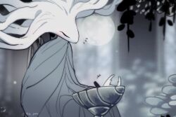  1girl 1other aged_down arthropod_boy baby black_eyes cloak closed_eyes colored_skin commentary english_commentary grey_cloak highres hollow_knight hollow_knight_(character) horned_mask horns looking_at_another mask mikethepotato2 twitter_username wavy_hair white_lady_(hollow_knight) white_mask 