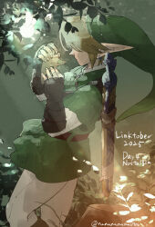  1boy artist_name baldric belt boots brown_belt brown_boots collared_shirt collared_tunic commentary curtained_hair dated earrings english_commentary english_text fantasy feet_out_of_frame fingerless_gloves forest from_side gloves green_hat green_tunic hat highres holding holding_instrument holding_ocarina instrument jewelry leaf link male_focus master_sword nanananana0706 nature navi ocarina pants phrygian_cap pointy_ears scabbard sheath shirt short_hair standing sunlight the_legend_of_zelda the_legend_of_zelda:_ocarina_of_time tunic undershirt white_pants white_shirt 