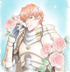  1boy armor commentary_request conrad_(fire_emblem) fire_emblem fire_emblem_echoes:_shadows_of_valentia flower hair_over_one_eye holding holding_mask looking_at_viewer male_focus mask one_eye_covered rose scarf smile tamami_if unworn_mask upper_body white_scarf 