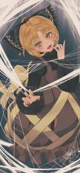  1girl absurdres black_bow black_shirt blonde_hair bow brown_dress commentary_request dress fangs fingernails hair_bow hair_bun highres kurodani_yamame long_sleeves looking_at_viewer open_mouth pinafore_dress sharp_fingernails shirt short_hair silk sleeveless sleeveless_dress smile solo spider_web symbol-shaped_pupils tamateba_co touhou yellow_eyes 