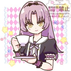  1girl absurdres argyle_background black_ribbon black_shirt black_wrist_cuffs border closed_mouth collar commentary_request cropped_torso cup curtained_hair eiyuu_densetsu hair_ribbon highres holding holding_cup holding_saucer long_hair looking_at_viewer momoiro_sango neck_ribbon outside_border parted_bangs puffy_short_sleeves puffy_sleeves purple_hair purple_ribbon renne_(eiyuu_densetsu) ribbon saucer sen_no_kiseki_(series) sen_no_kiseki_iv shirt short_sleeves smile solo teacup twitter_username watermark white_border white_collar wrist_cuffs yellow_eyes 