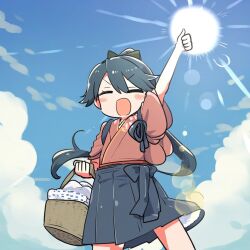  1girl artist_request basket black_hair black_hakama blue_sky closed_eyes clouds day hair_flaps hakama houshou_(kancolle) japanese_clothes kantai_collection kimono long_hair open_mouth outdoors pink_kimono raised_fist second-party_source sky smile solo sun tasuki 